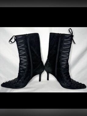 Beverly Feldman Black Lace-Up Suede Mid-Calf Heeled Boots 7.5